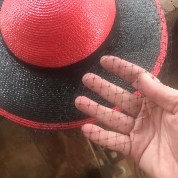 Vintage Girls Straw Hat Red Black Veil Bow main image 5